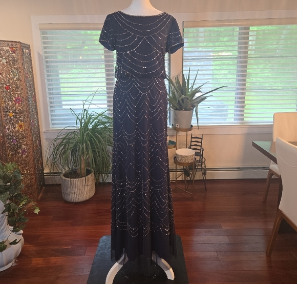 Adrianna Papell Blouson Short Sleeve Embellished Beaded Maxi Gown Navy Size 4 - Picture 5 of 14